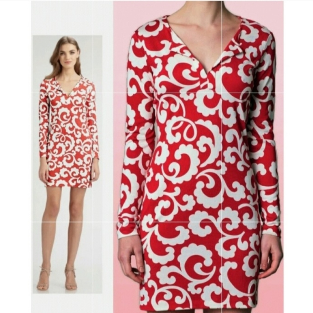 Diane Von Furstenberg Dress Reina Spiral Ferns Size 8 Red Motif